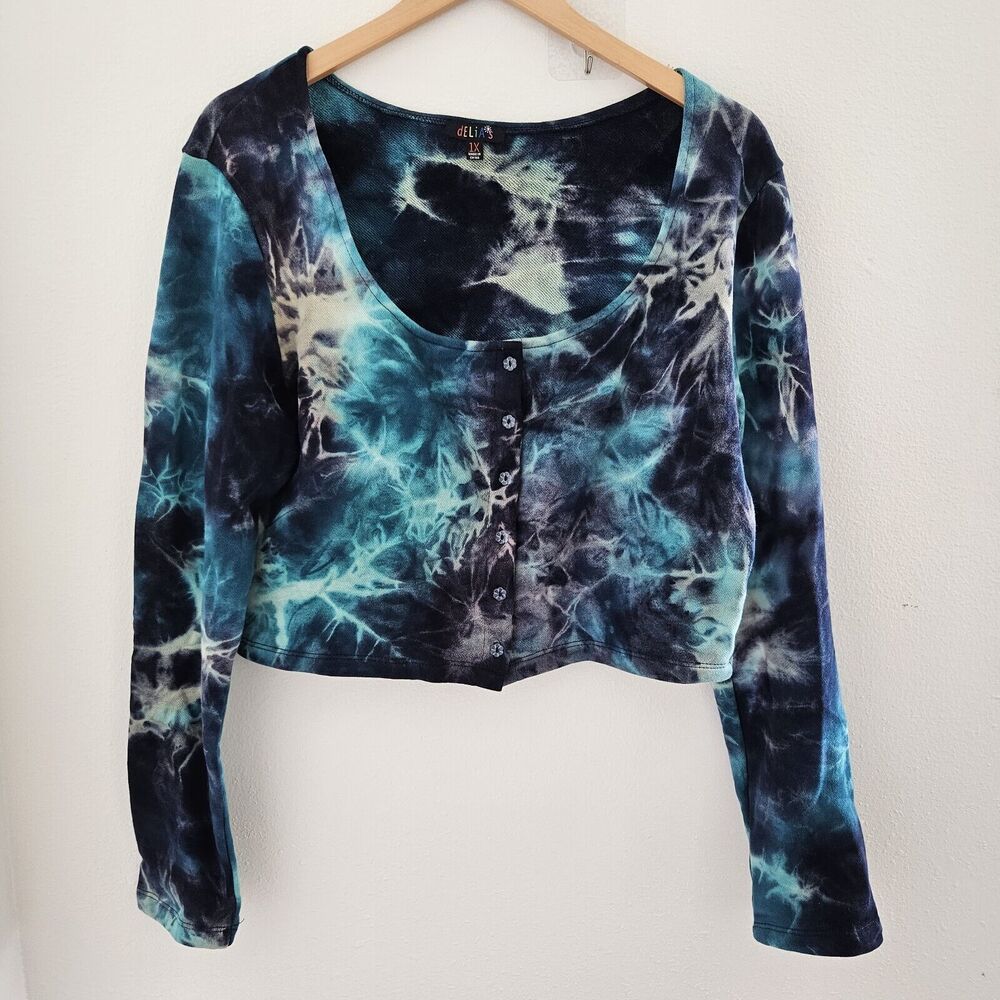 Delia's by Dolls Kill Tie-Dye Crop Top sz 1X Boho Blue Button-Up Shirt 90s Y2K